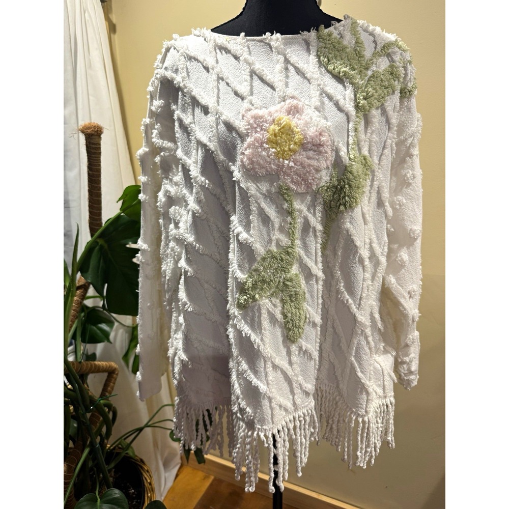 Vintage pullover sweater made from a repurposed flower tufted chenille bed skirt